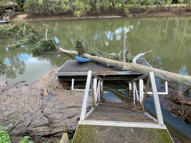 Emergency Insurance Make Safe on Gold Coast canal to retrieve tree which had impacted pontoon. Canal Tree Removal by Arborist